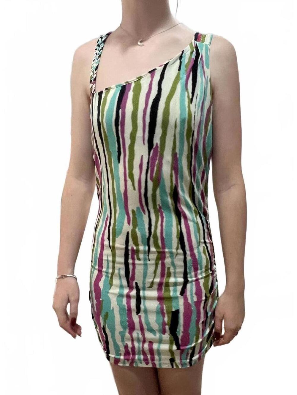 Y2K Nicole by Nicole Miller Abstract Stripe One Shoulder Braided Mini Dress M